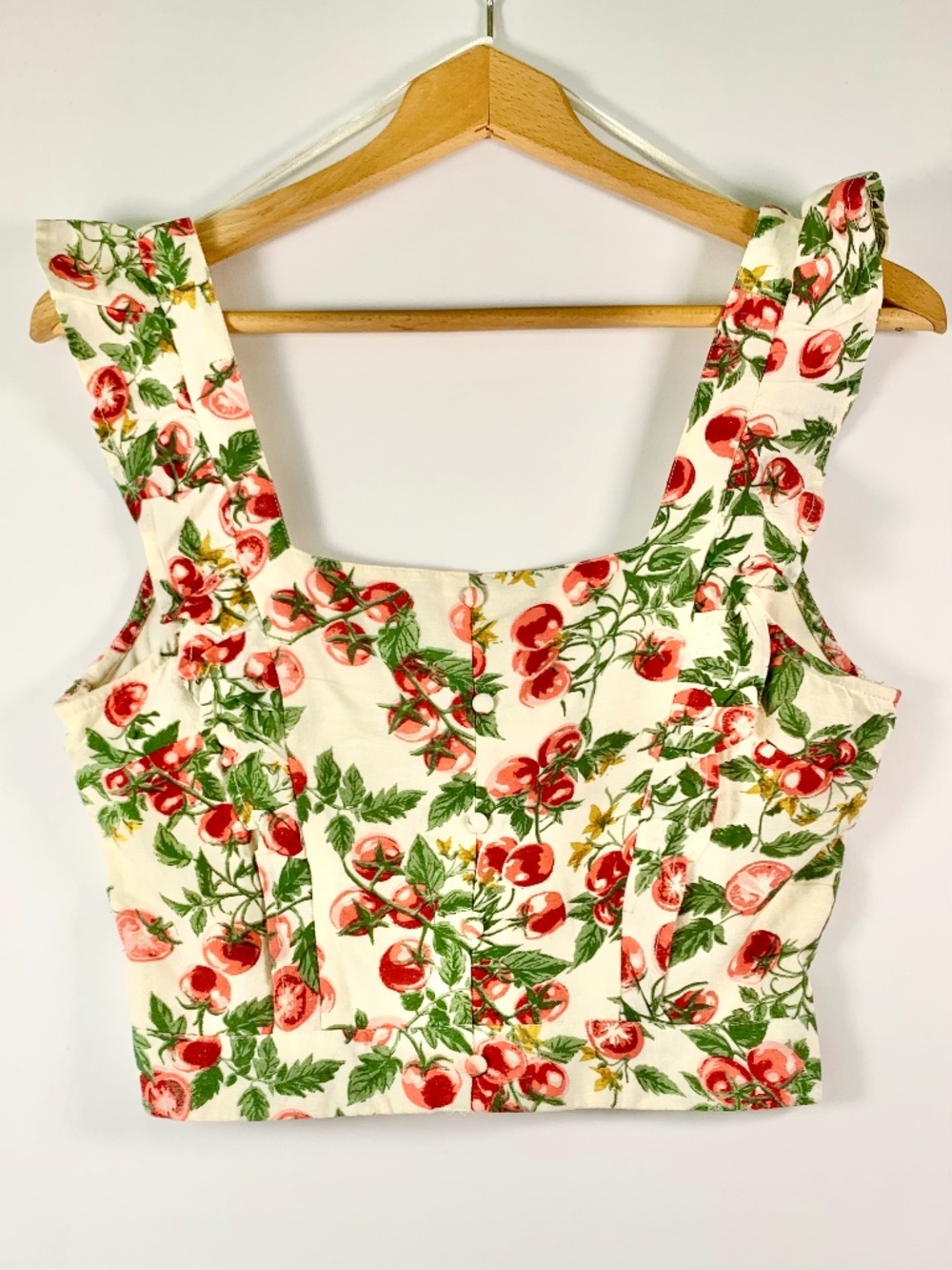 Midnight Sky Cherry Tomatoes Ruffle Trim Button Corset Crop Top cream red boho